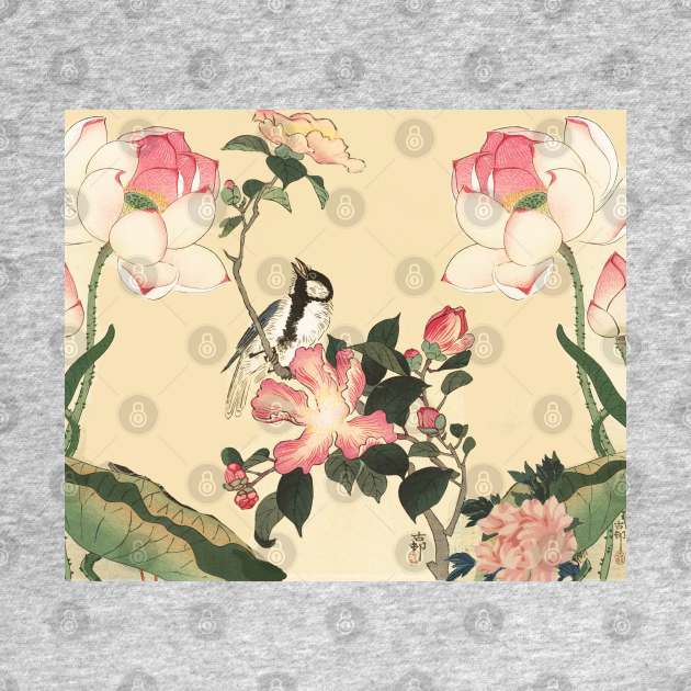 LITTLE BIRD WITH PINK ROSES AND LOTUS FLOWERS by BulganLumini